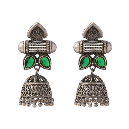 Taal- Silver Brass Oxidised jhumka earrings(Green)