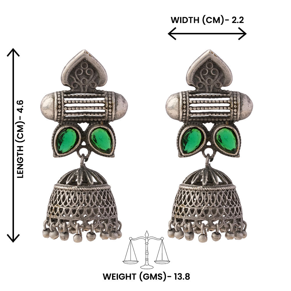 Taal- Silver Brass Oxidised jhumka earrings(Green)