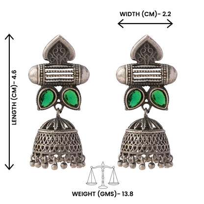Taal- Silver Brass Oxidised jhumka earrings(Green)