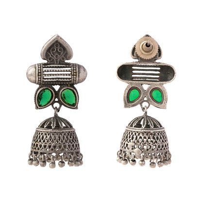 Taal- Silver Brass Oxidised jhumka earrings(Green)