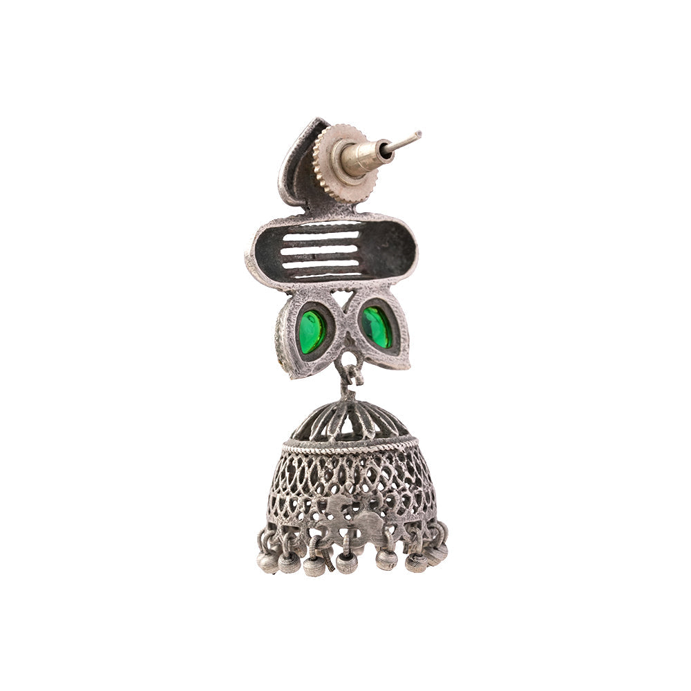Taal- Silver Brass Oxidised jhumka earrings(Green)
