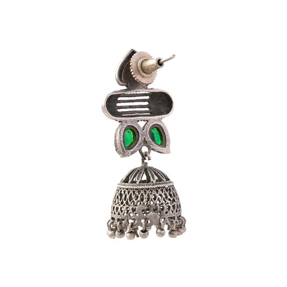 Taal- Silver Brass Oxidised jhumka earrings(Green)
