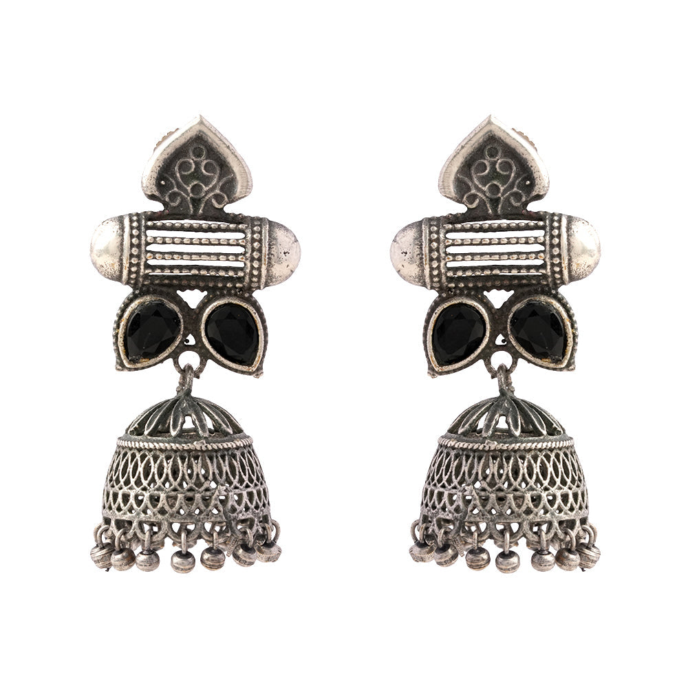 Taal- Silver Brass Oxidised jhumka earrings(Black)