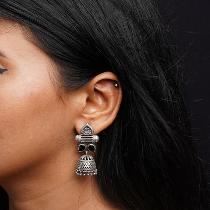 Taal- Silver Brass Oxidised jhumka earrings(Red)