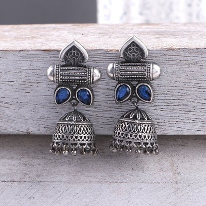Taal- Silver Brass Oxidised jhumka earrings(Blue)