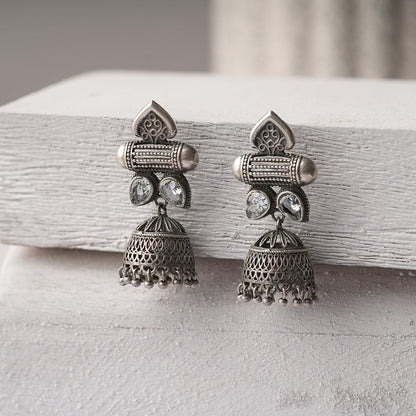 Taal- Silver Brass Oxidised Jhumka earrings(white)