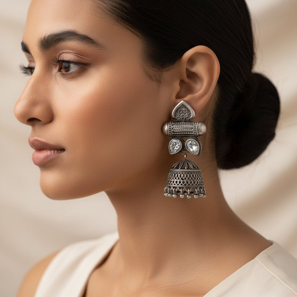 Taal- Silver Brass Oxidised Jhumka earrings(white)