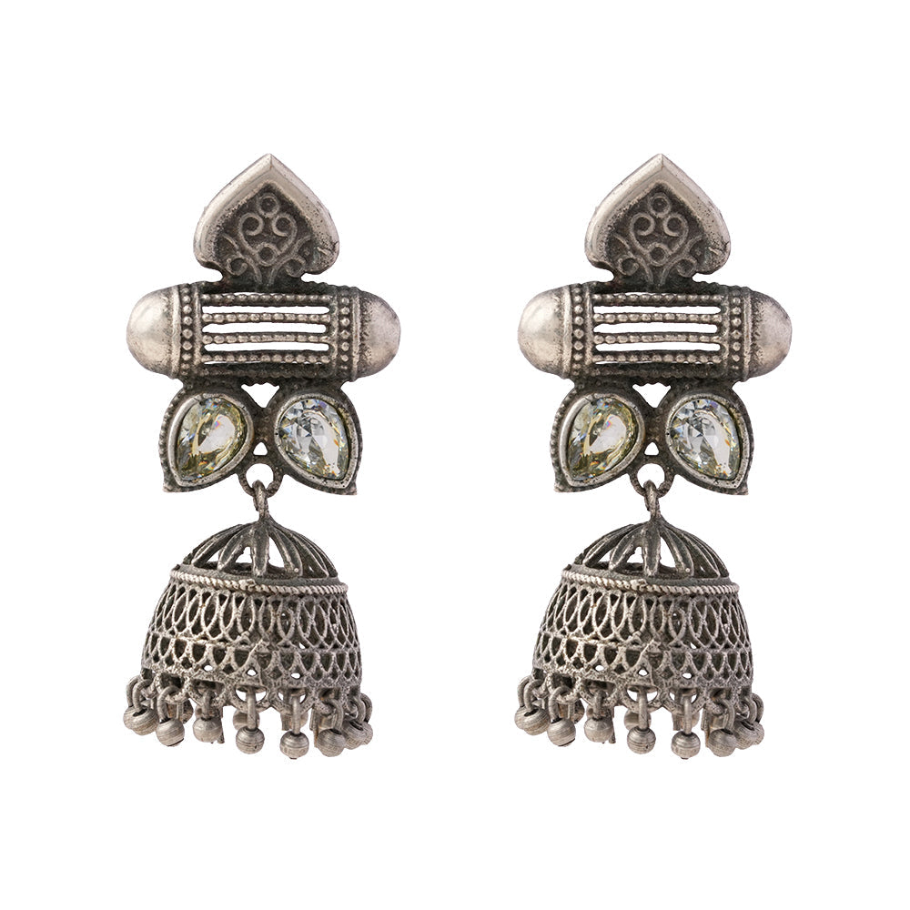 Taal- Silver Brass Oxidised Jhumka earrings(white)