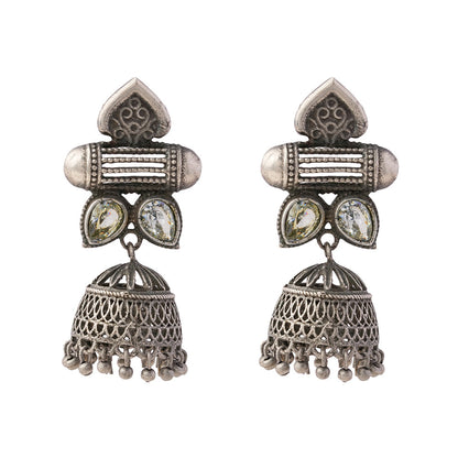 Taal- Silver Brass Oxidised Jhumka earrings(white)