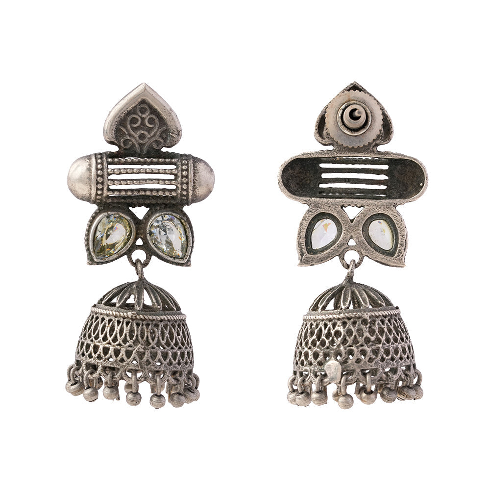 Taal- Silver Brass Oxidised Jhumka earrings(white)