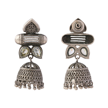 Taal- Silver Brass Oxidised Jhumka earrings(white)
