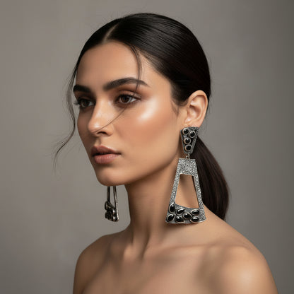 Vakrini- Silver Brass Oxidised dangler earrings(Black)