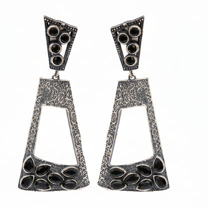 Vakrini- Silver Brass Oxidised dangler earrings(Black)