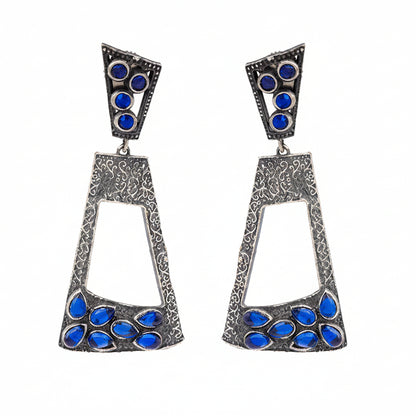 Vakrini- Silver Brass Oxidised dangler earrings(Blue)