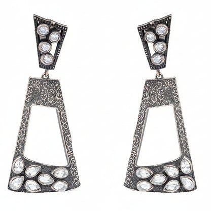 Vakrini- Silver Brass Oxidised dangler earrings(White)