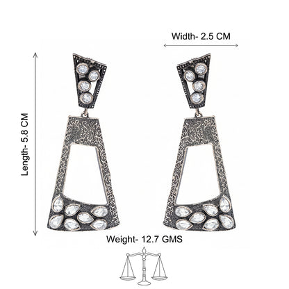 Vakrini- Silver Brass Oxidised dangler earrings(White)