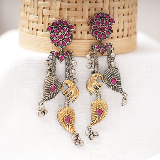 Yugalika- Silver Brass Oxidised dangler earrings(Pink)