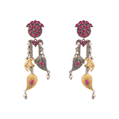 Yugalika- Silver Brass Oxidised dangler earrings(Red)