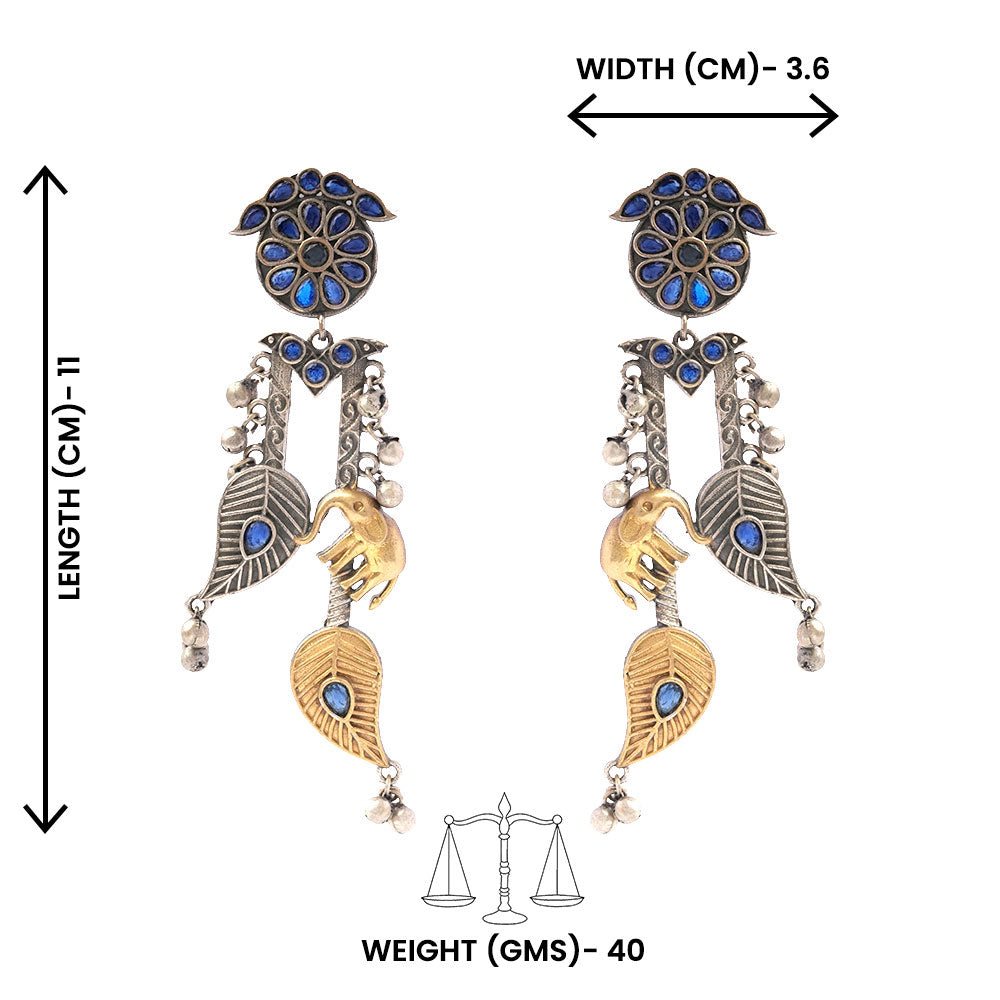 Yugalika- Silver Brass Oxidised dangler earrings(Blue)