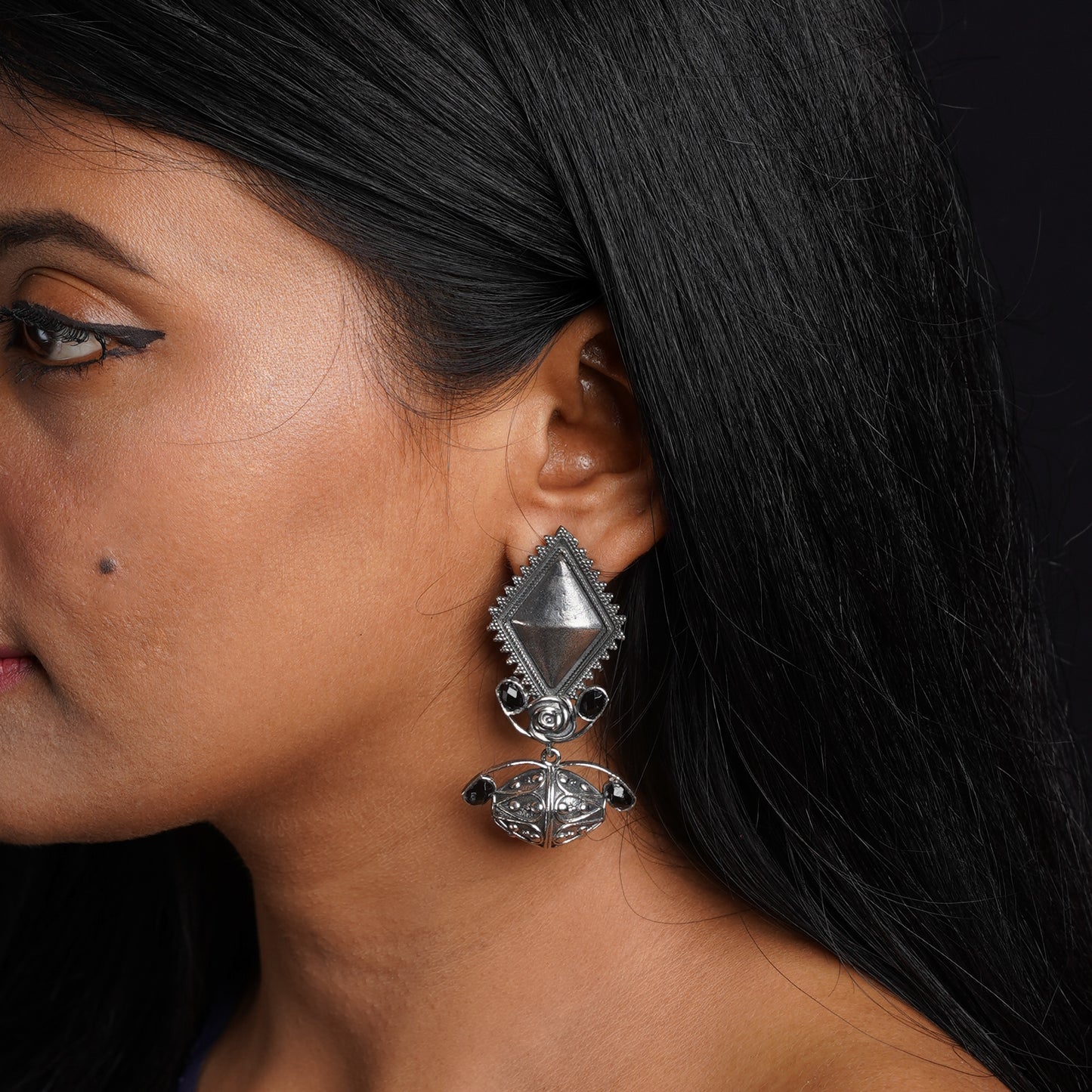 Suvarna- Silver Brass Oxidised dangler earrings