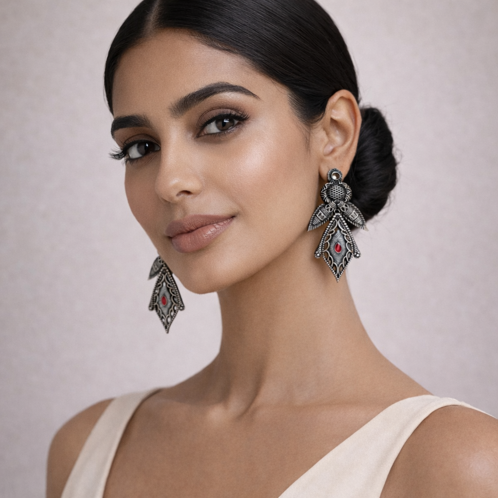 Patra- Silver Brass Oxidised Jhumka earrings
