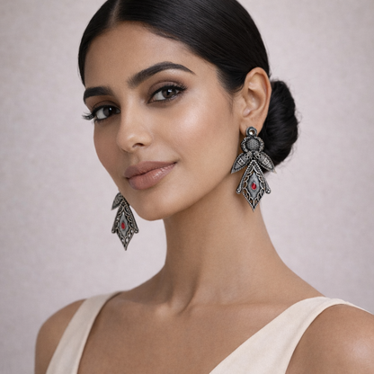 Patra- Silver Brass Oxidised Jhumka earrings