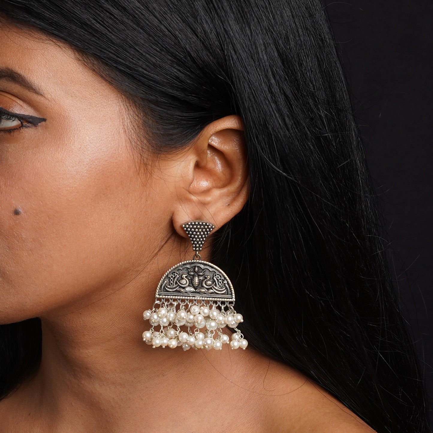 Nayaab- Silver Brass Pearl dangler earrings