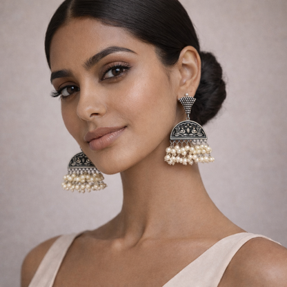 Nayaab- Silver Brass Pearl dangler earrings