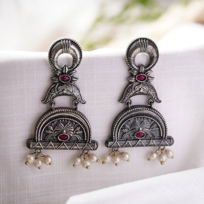 ChandraBansi- Silver Brass Oxidised Jhumka earrings