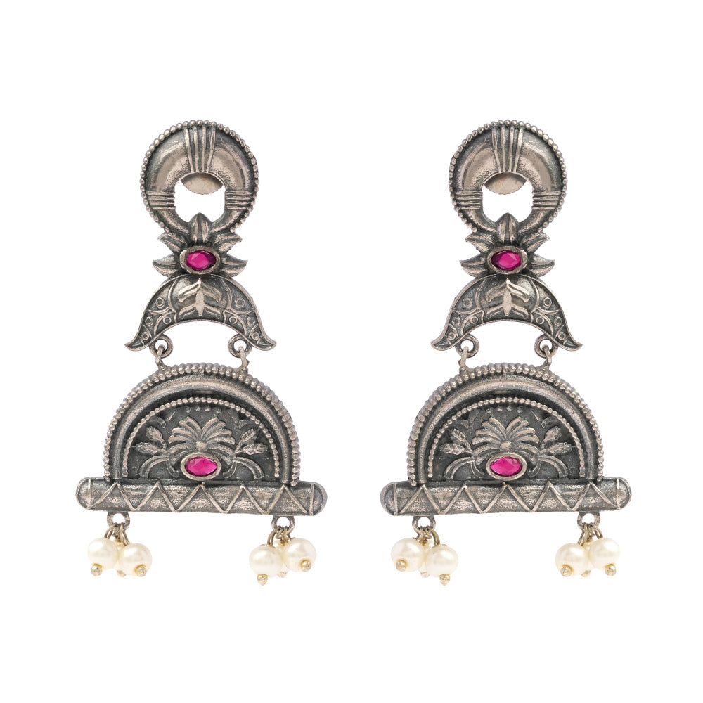 ChandraBansi- Silver Brass Oxidised Jhumka earrings