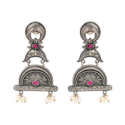 ChandraBansi- Silver Brass Oxidised Jhumka earrings