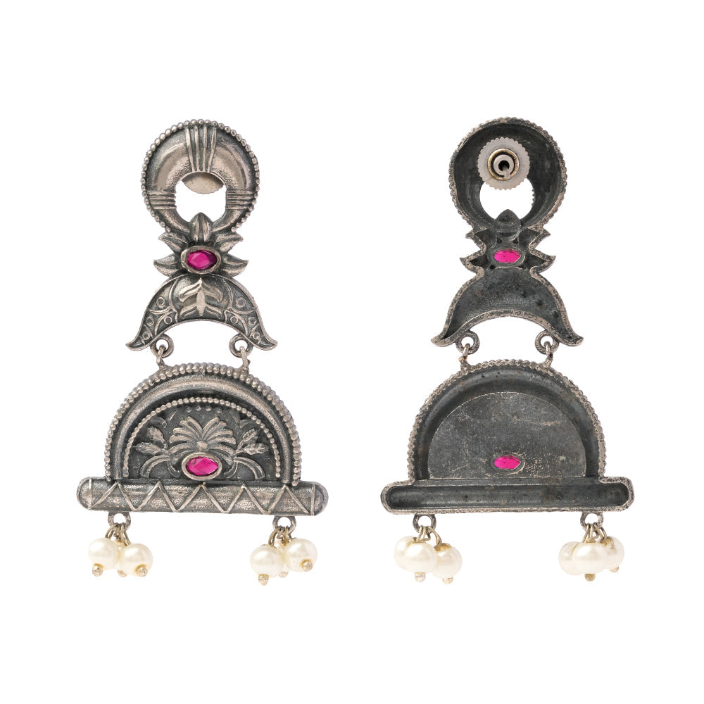 ChandraBansi- Silver Brass Oxidised Jhumka earrings