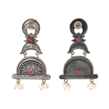 ChandraBansi- Silver Brass Oxidised Jhumka earrings