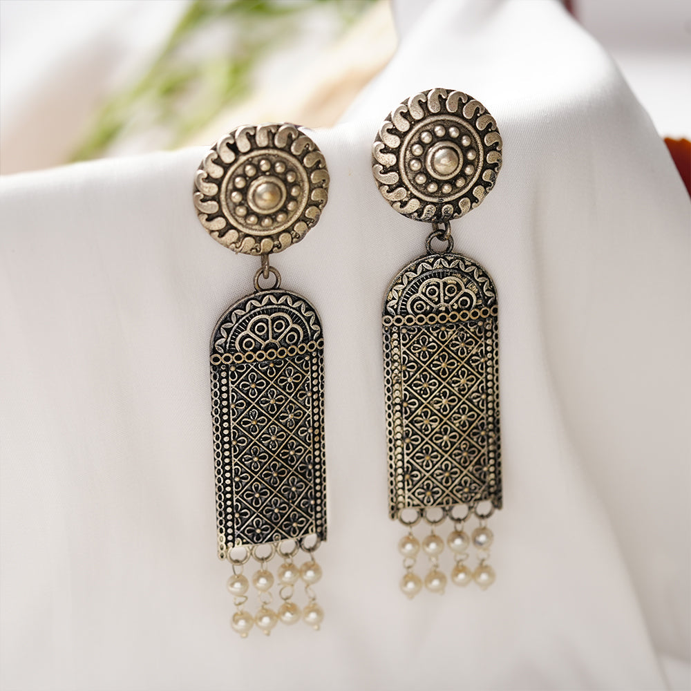 Jharokha- Silver Brass Oxidised Jhumka earrings