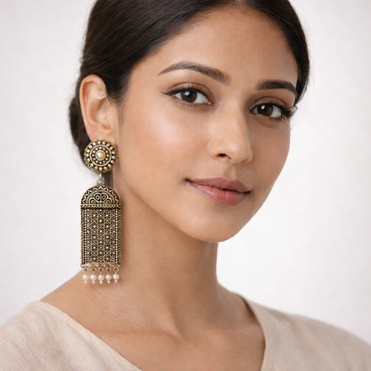 Jharokha- Silver Brass Oxidised Jhumka earrings