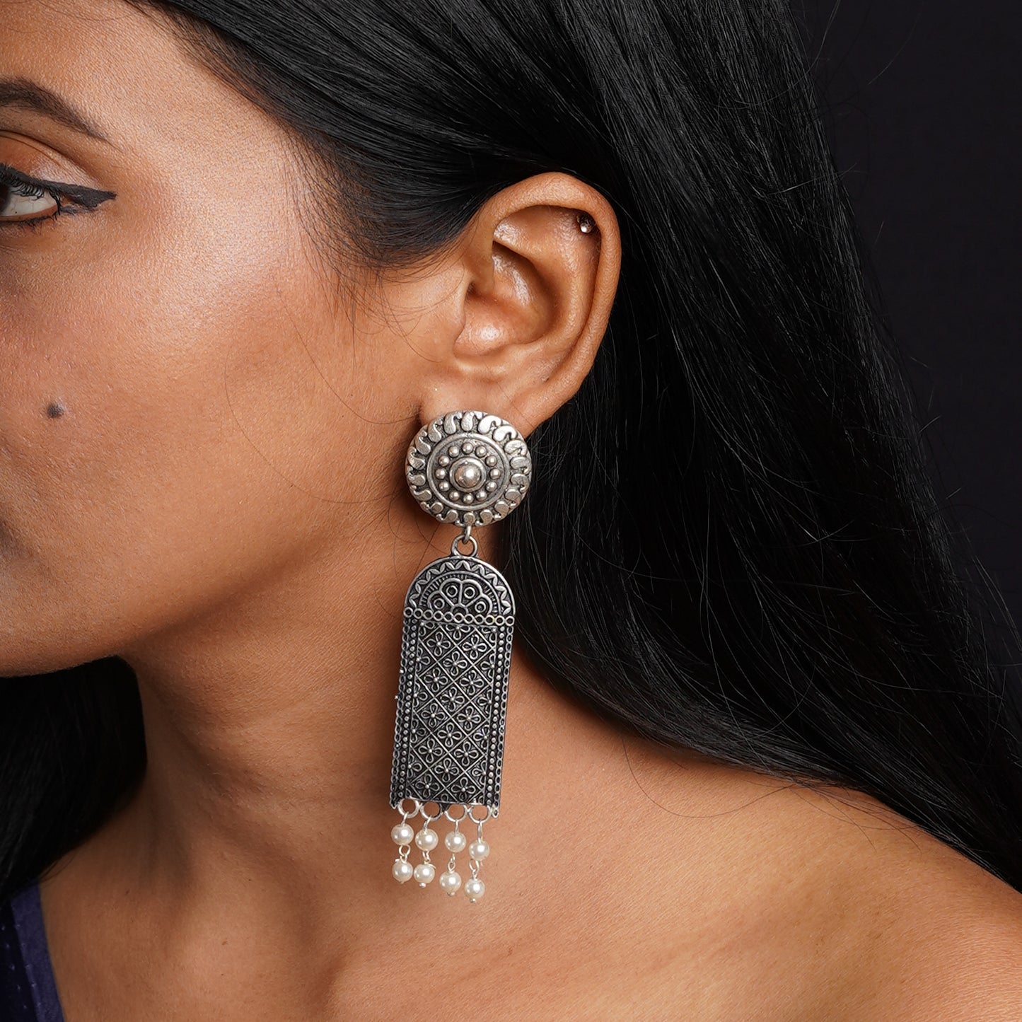 Jharokha- Silver Brass Oxidised Jhumka earrings