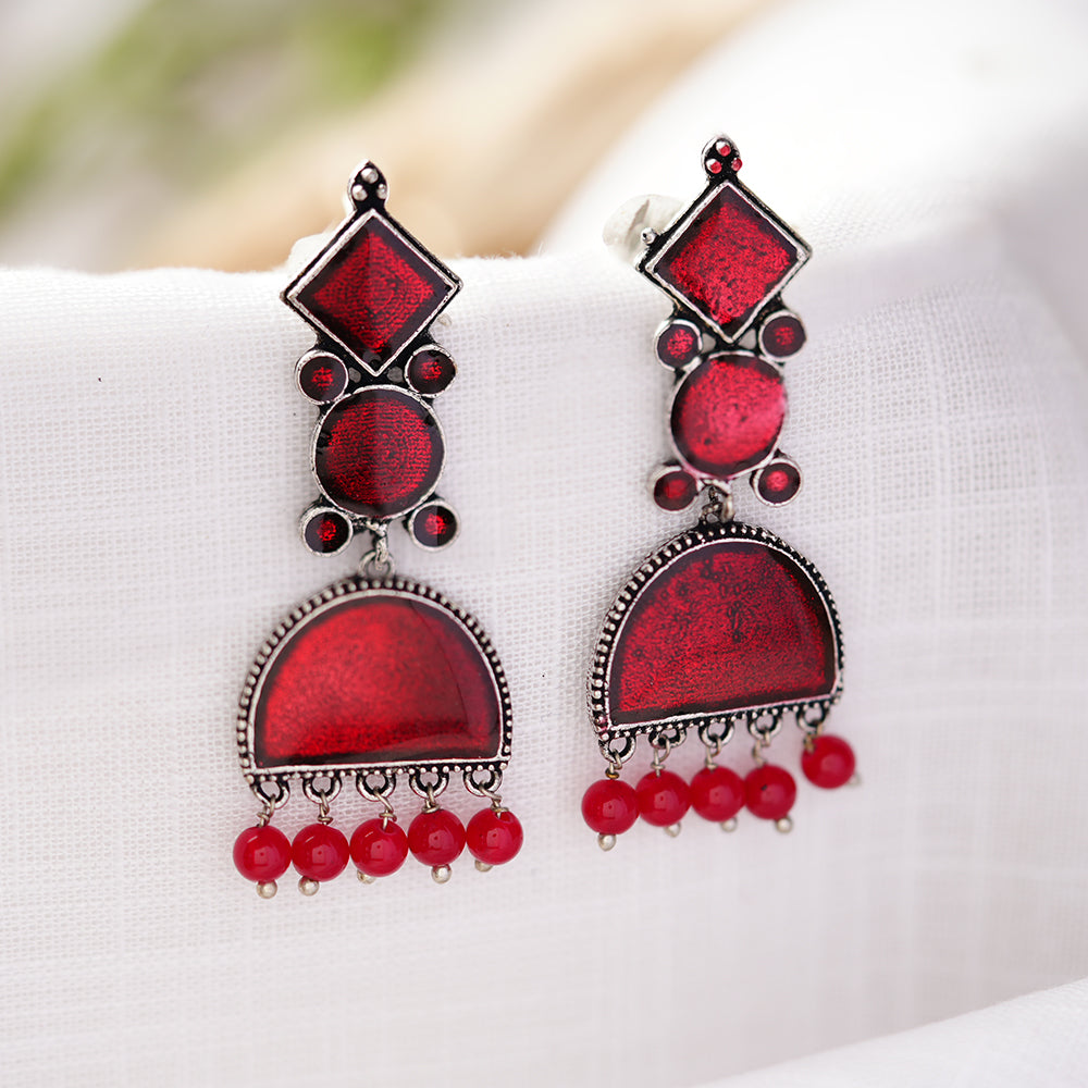 Aakar- Silver Brass stone studded dangler earrungs (Red)