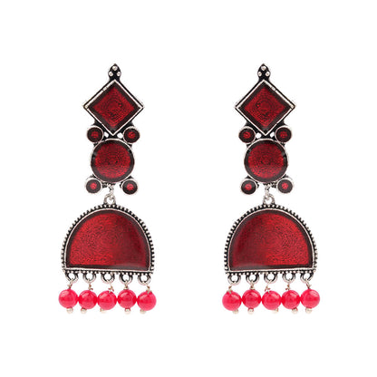 Aakar- Silver Brass stone studded dangler earrungs (Red)
