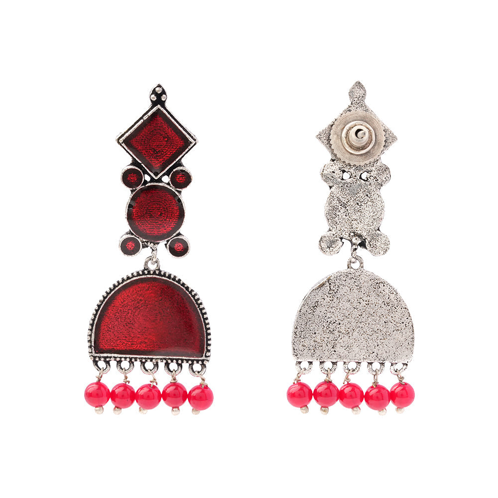 Aakar- Silver Brass stone studded dangler earrungs (Red)