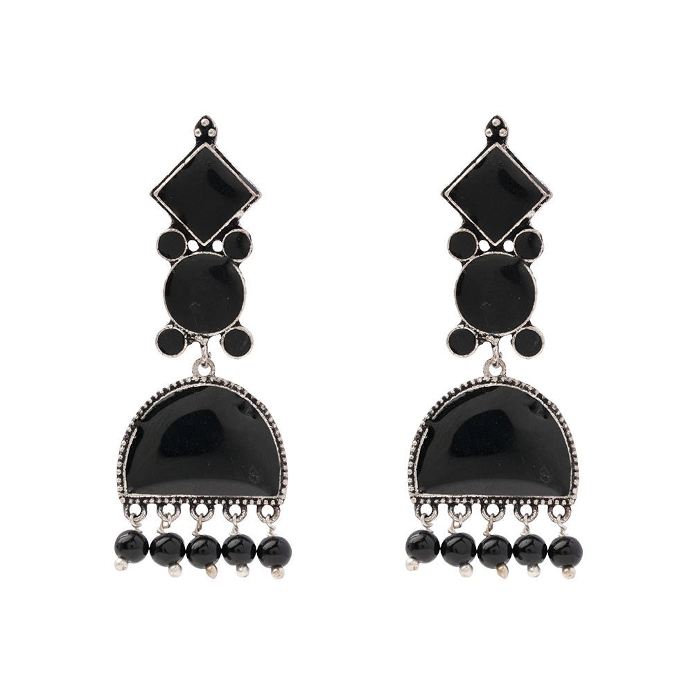 Aakar- Silver Brass stone studded dangler earrungs (Black)