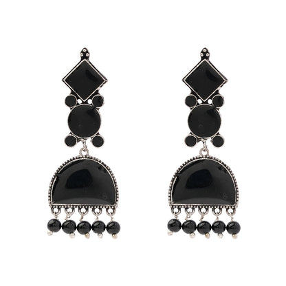 Aakar- Silver Brass stone studded dangler earrungs (Black)
