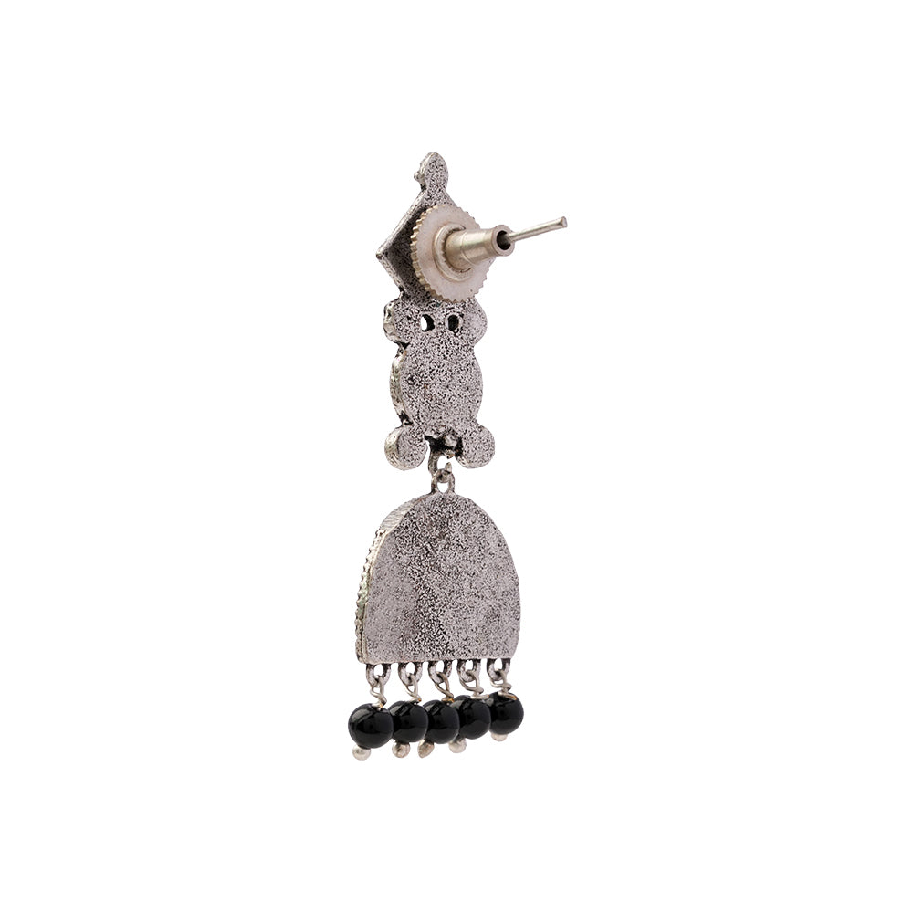 Aakar- Silver Brass stone studded dangler earrungs (Black)