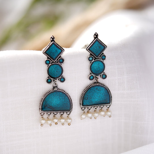 Aakar- Silver Brass stone studded dangler earrungs (Blue)
