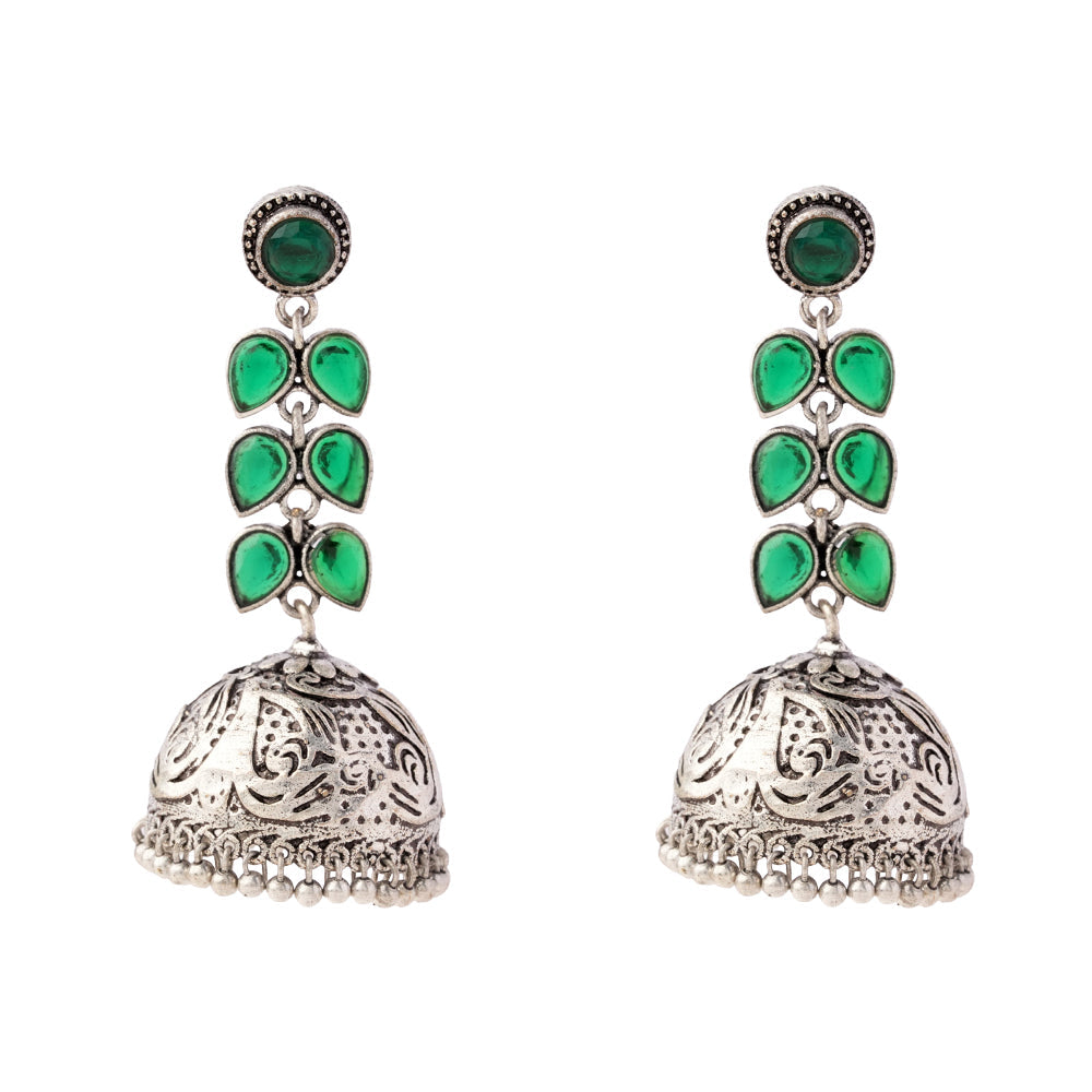 Shyamika- Silver Brass Oxidised Jhumka Earrings(Green)