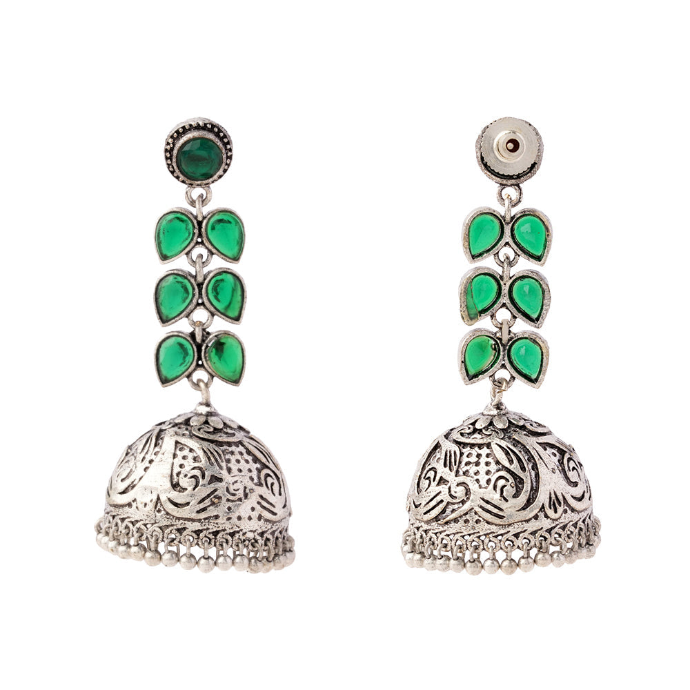 Shyamika- Silver Brass Oxidised Jhumka Earrings(Green)