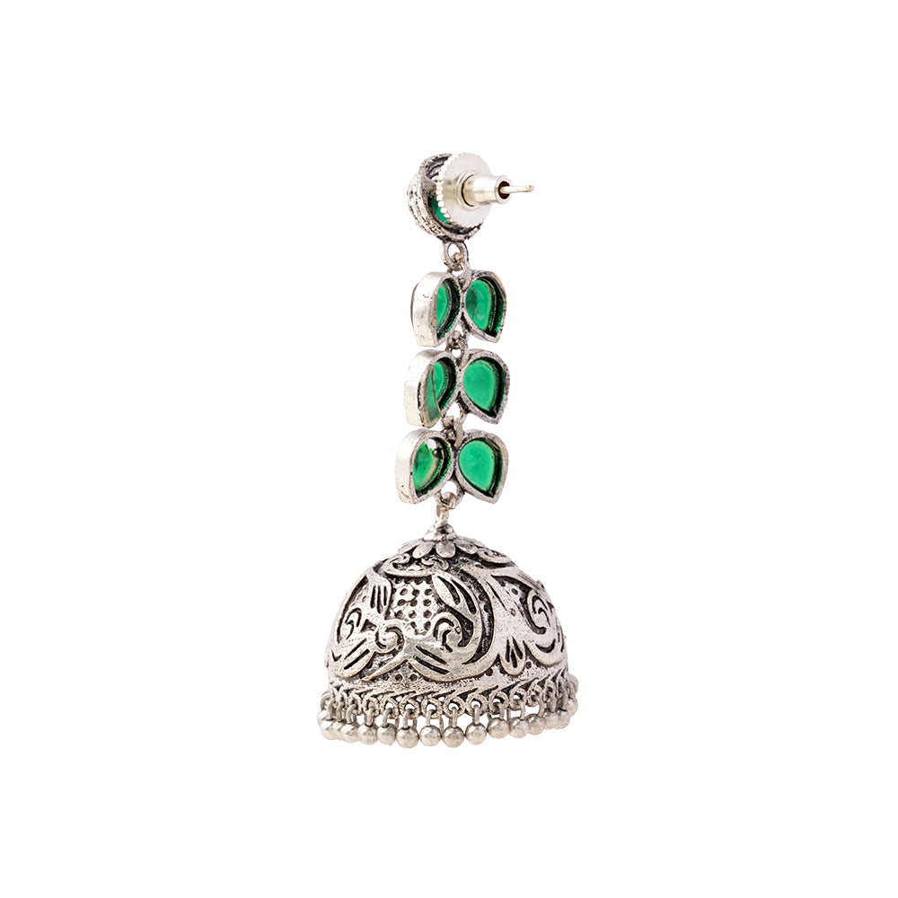 Shyamika- Silver Brass Oxidised Jhumka Earrings(Green)