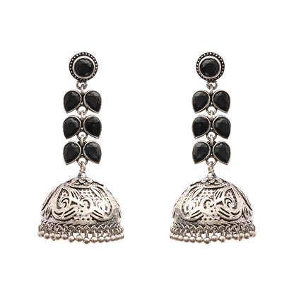 Shyamika- Silver Brass Oxidised Jhumka Earrings(Black)