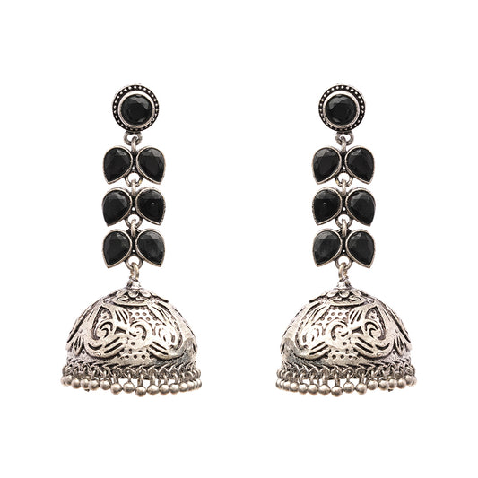 Shyamika- Silver Brass Oxidised Jhumka Earrings(Black)