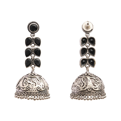 Shyamika- Silver Brass Oxidised Jhumka Earrings(Black)