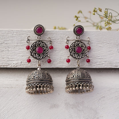 Mallika- Silver Brass Oxidised Jhumka Earrings(Red)
